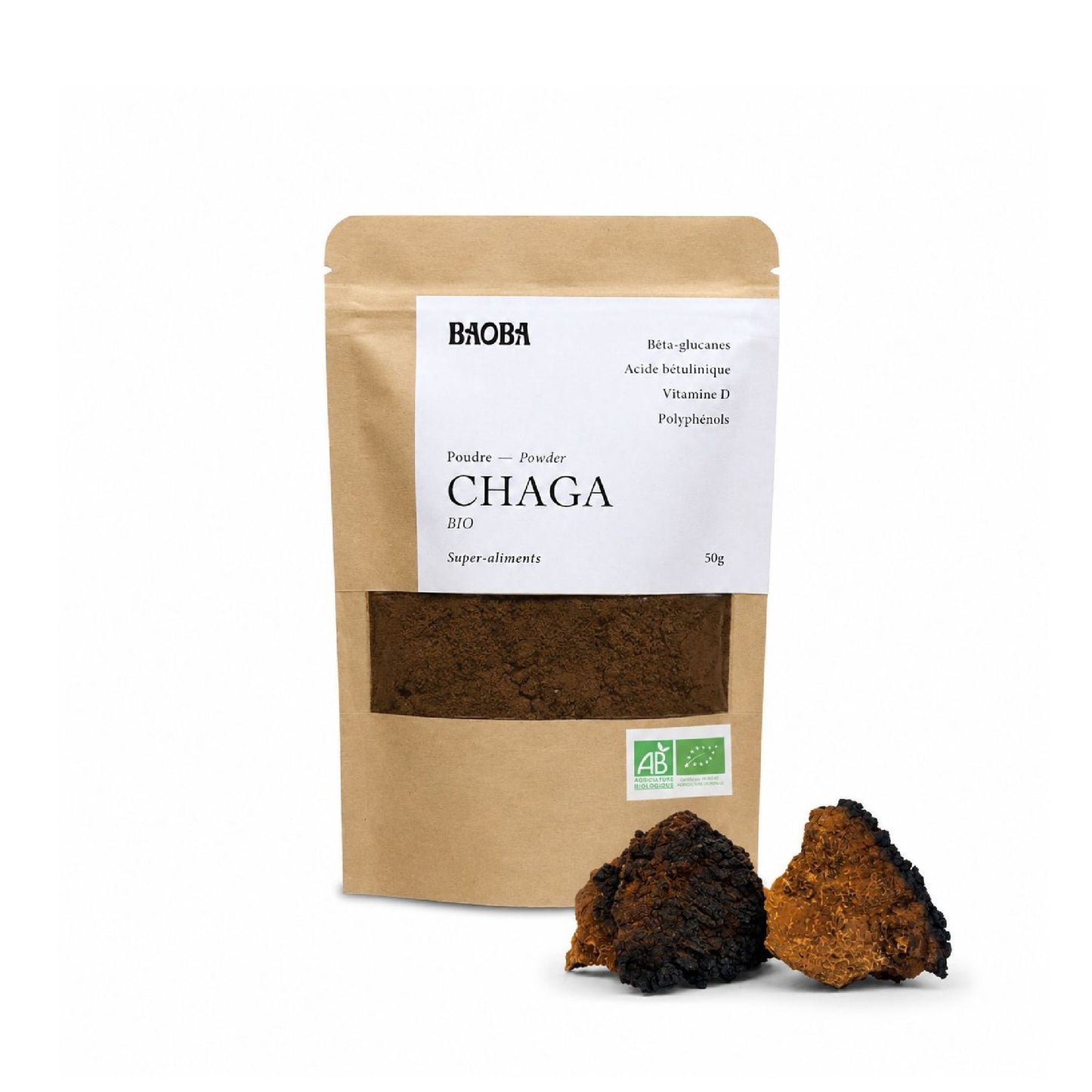 Poudre de chaga bio BAOBA, champignon riche en antioxydants
