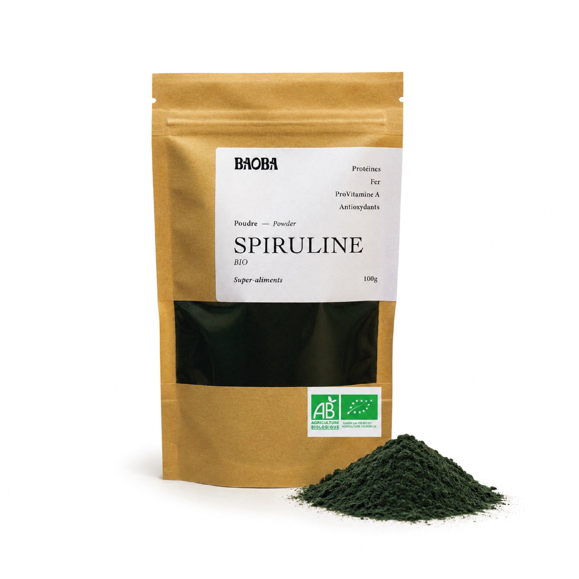 Spiruline en poudre bio BAOBA, riche en protéines et fer